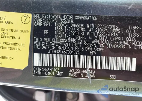 2007 Toyota Highlander z USA, uszkodzony, nr VIN JTEHD21A670045945